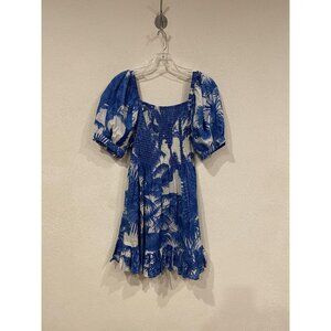 Mary Marshmallow Dress Womens Large Blue White Smocked Puff Sleeve Ruffle Mini